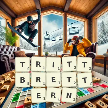 Kreative Illustration für ein Scrabble-Spiel, bei dem das Wort TRITTBRETTERN mit Steinen auf dem Brett gelegt wurde.