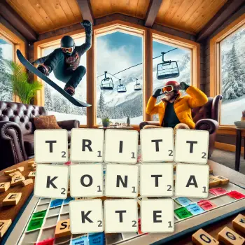 Kreative Illustration für ein Scrabble-Spiel, bei dem das Wort TRITTKONTAKTE mit Steinen auf dem Brett gelegt wurde.