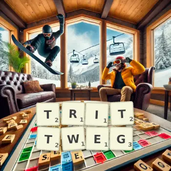 Kreative Illustration für ein Scrabble-Spiel, bei dem das Wort TRITTWEG mit Steinen auf dem Brett gelegt wurde.