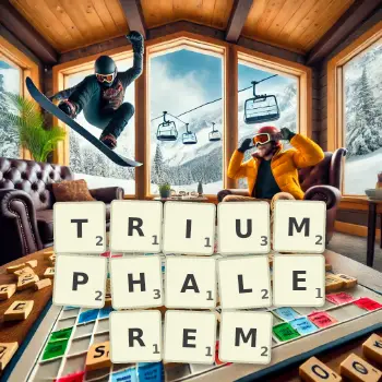 Kreative Illustration für ein Scrabble-Spiel, bei dem das Wort TRIUMPHALEREM mit Steinen auf dem Brett gelegt wurde.