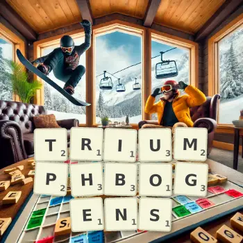 Kreative Illustration für ein Scrabble-Spiel, bei dem das Wort TRIUMPHBOGENS mit Steinen auf dem Brett gelegt wurde.