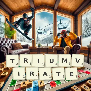 Kreative Illustration für ein Scrabble-Spiel, bei dem das Wort TRIUMVIRATE mit Steinen auf dem Brett gelegt wurde.