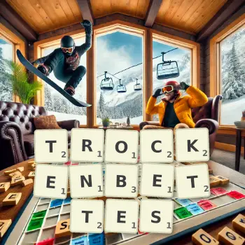 Kreative Illustration für ein Scrabble-Spiel, bei dem das Wort TROCKENBETTES mit Steinen auf dem Brett gelegt wurde.