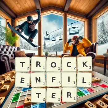 Kreative Illustration für ein Scrabble-Spiel, bei dem das Wort TROCKENFILTER mit Steinen auf dem Brett gelegt wurde.