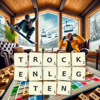 Kreative Illustration für ein Scrabble-Spiel, bei dem das Wort TROCKENLEGTEN mit Steinen auf dem Brett gelegt wurde.