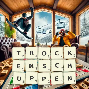 Kreative Illustration für ein Scrabble-Spiel, bei dem das Wort TROCKENSCHUPPEN mit Steinen auf dem Brett gelegt wurde.