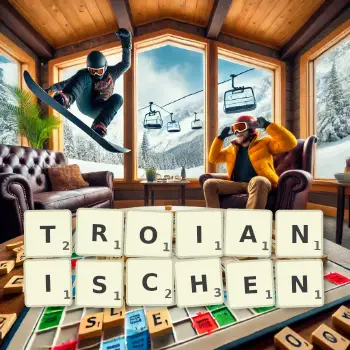 Kreative Illustration für ein Scrabble-Spiel, bei dem das Wort TROIANISCHEN mit Steinen auf dem Brett gelegt wurde.