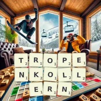 Kreative Illustration für ein Scrabble-Spiel, bei dem das Wort TROPENKOLLERN mit Steinen auf dem Brett gelegt wurde.