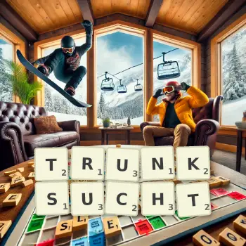 Kreative Illustration für ein Scrabble-Spiel, bei dem das Wort TRUNKSUCHT mit Steinen auf dem Brett gelegt wurde.