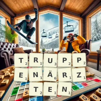 Kreative Illustration für ein Scrabble-Spiel, bei dem das Wort TRUPPENÄRZTEN mit Steinen auf dem Brett gelegt wurde.