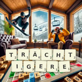 Kreative Illustration für ein Scrabble-Spiel, bei dem das Wort TRÄCHTIGERE mit Steinen auf dem Brett gelegt wurde.
