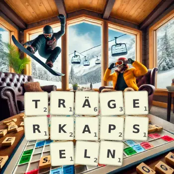 Kreative Illustration für ein Scrabble-Spiel, bei dem das Wort TRÄGERKAPSELN mit Steinen auf dem Brett gelegt wurde.