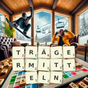 Kreative Illustration für ein Scrabble-Spiel, bei dem das Wort TRÄGERMITTELN mit Steinen auf dem Brett gelegt wurde.