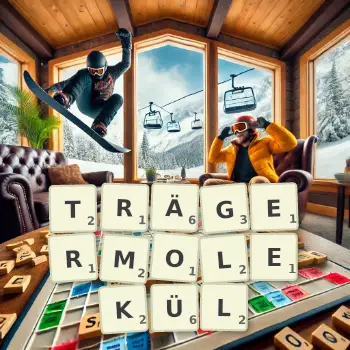 Kreative Illustration für ein Scrabble-Spiel, bei dem das Wort TRÄGERMOLEKÜL mit Steinen auf dem Brett gelegt wurde.