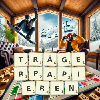 Kreative Illustration für ein Scrabble-Spiel, bei dem das Wort TRÄGERPAPIEREN mit Steinen auf dem Brett gelegt wurde.
