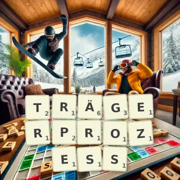 Kreative Illustration für ein Scrabble-Spiel, bei dem das Wort TRÄGERPROZESS mit Steinen auf dem Brett gelegt wurde.