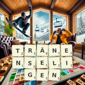 Kreative Illustration für ein Scrabble-Spiel, bei dem das Wort TRÄNENSELIGEN mit Steinen auf dem Brett gelegt wurde.