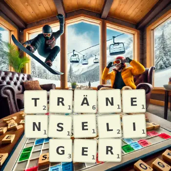 Kreative Illustration für ein Scrabble-Spiel, bei dem das Wort TRÄNENSELIGER mit Steinen auf dem Brett gelegt wurde.
