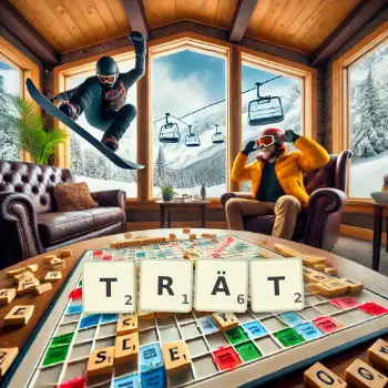 Kreative Illustration für ein Scrabble-Spiel, bei dem das Wort TRÄT mit Steinen auf dem Brett gelegt wurde.