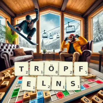 Kreative Illustration für ein Scrabble-Spiel, bei dem das Wort TRÖPFELNS mit Steinen auf dem Brett gelegt wurde.