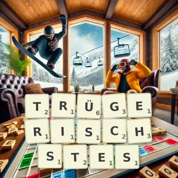 Kreative Illustration für ein Scrabble-Spiel, bei dem das Wort TRÜGERISCHSTES mit Steinen auf dem Brett gelegt wurde.