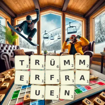 Kreative Illustration für ein Scrabble-Spiel, bei dem das Wort TRÜMMERFRAUEN mit Steinen auf dem Brett gelegt wurde.
