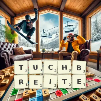 Kreative Illustration für ein Scrabble-Spiel, bei dem das Wort TUCHBREITE mit Steinen auf dem Brett gelegt wurde.
