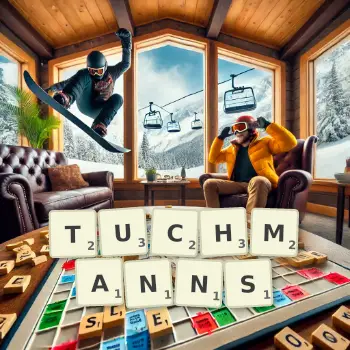 Kreative Illustration für ein Scrabble-Spiel, bei dem das Wort TUCHMANNS mit Steinen auf dem Brett gelegt wurde.