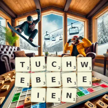 Kreative Illustration für ein Scrabble-Spiel, bei dem das Wort TUCHWEBEREIEN mit Steinen auf dem Brett gelegt wurde.