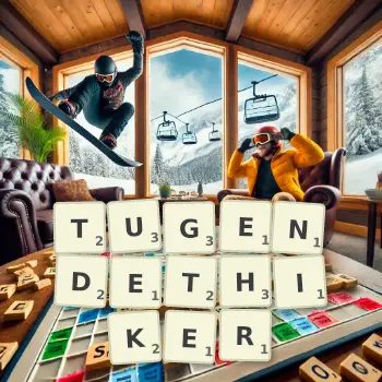 Kreative Illustration für ein Scrabble-Spiel, bei dem das Wort TUGENDETHIKER mit Steinen auf dem Brett gelegt wurde.