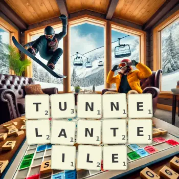 Kreative Illustration für ein Scrabble-Spiel, bei dem das Wort TUNNELANTEILE mit Steinen auf dem Brett gelegt wurde.