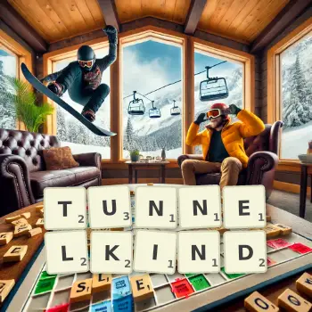 Kreative Illustration für ein Scrabble-Spiel, bei dem das Wort TUNNELKIND mit Steinen auf dem Brett gelegt wurde.