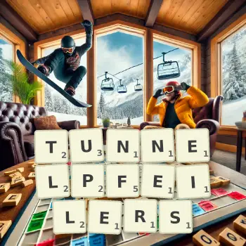 Kreative Illustration für ein Scrabble-Spiel, bei dem das Wort TUNNELPFEILERS mit Steinen auf dem Brett gelegt wurde.
