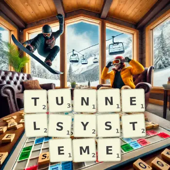 Kreative Illustration für ein Scrabble-Spiel, bei dem das Wort TUNNELSYSTEME mit Steinen auf dem Brett gelegt wurde.