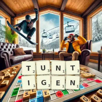 Kreative Illustration für ein Scrabble-Spiel, bei dem das Wort TUNTIGEN mit Steinen auf dem Brett gelegt wurde.