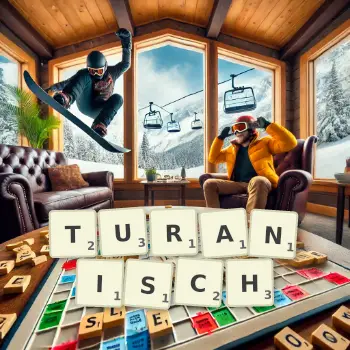 Kreative Illustration für ein Scrabble-Spiel, bei dem das Wort TURANISCH mit Steinen auf dem Brett gelegt wurde.