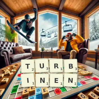 Kreative Illustration für ein Scrabble-Spiel, bei dem das Wort TURBINEN mit Steinen auf dem Brett gelegt wurde.