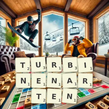 Kreative Illustration für ein Scrabble-Spiel, bei dem das Wort TURBINENARTEN mit Steinen auf dem Brett gelegt wurde.