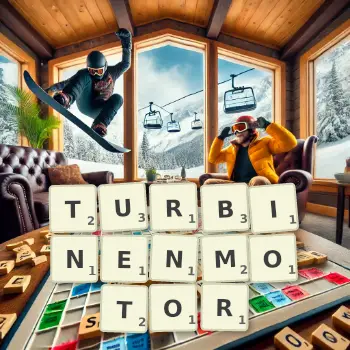 Kreative Illustration für ein Scrabble-Spiel, bei dem das Wort TURBINENMOTOR mit Steinen auf dem Brett gelegt wurde.