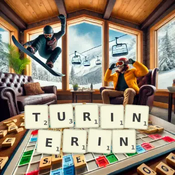Kreative Illustration für ein Scrabble-Spiel, bei dem das Wort TURINERIN mit Steinen auf dem Brett gelegt wurde.