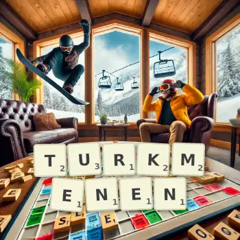 Kreative Illustration für ein Scrabble-Spiel, bei dem das Wort TURKMENEN mit Steinen auf dem Brett gelegt wurde.
