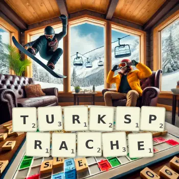 Kreative Illustration für ein Scrabble-Spiel, bei dem das Wort TURKSPRACHE mit Steinen auf dem Brett gelegt wurde.
