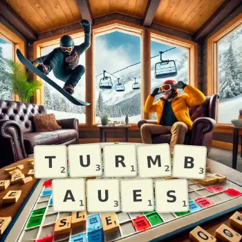 Kreative Illustration für ein Scrabble-Spiel, bei dem das Wort TURMBAUES mit Steinen auf dem Brett gelegt wurde.