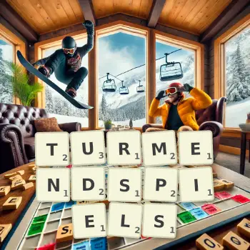 Kreative Illustration für ein Scrabble-Spiel, bei dem das Wort TURMENDSPIELS mit Steinen auf dem Brett gelegt wurde.