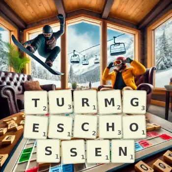 Kreative Illustration für ein Scrabble-Spiel, bei dem das Wort TURMGESCHOSSEN mit Steinen auf dem Brett gelegt wurde.