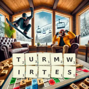 Kreative Illustration für ein Scrabble-Spiel, bei dem das Wort TURMWIRTES mit Steinen auf dem Brett gelegt wurde.