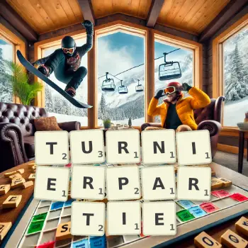 Kreative Illustration für ein Scrabble-Spiel, bei dem das Wort TURNIERPARTIE mit Steinen auf dem Brett gelegt wurde.