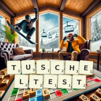 Kreative Illustration für ein Scrabble-Spiel, bei dem das Wort TUSCHELTEST mit Steinen auf dem Brett gelegt wurde.