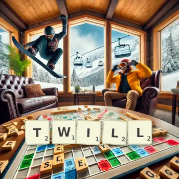 Kreative Illustration für ein Scrabble-Spiel, bei dem das Wort TWILL mit Steinen auf dem Brett gelegt wurde.