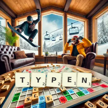 Kreative Illustration für ein Scrabble-Spiel, bei dem das Wort TYPEN mit Steinen auf dem Brett gelegt wurde.